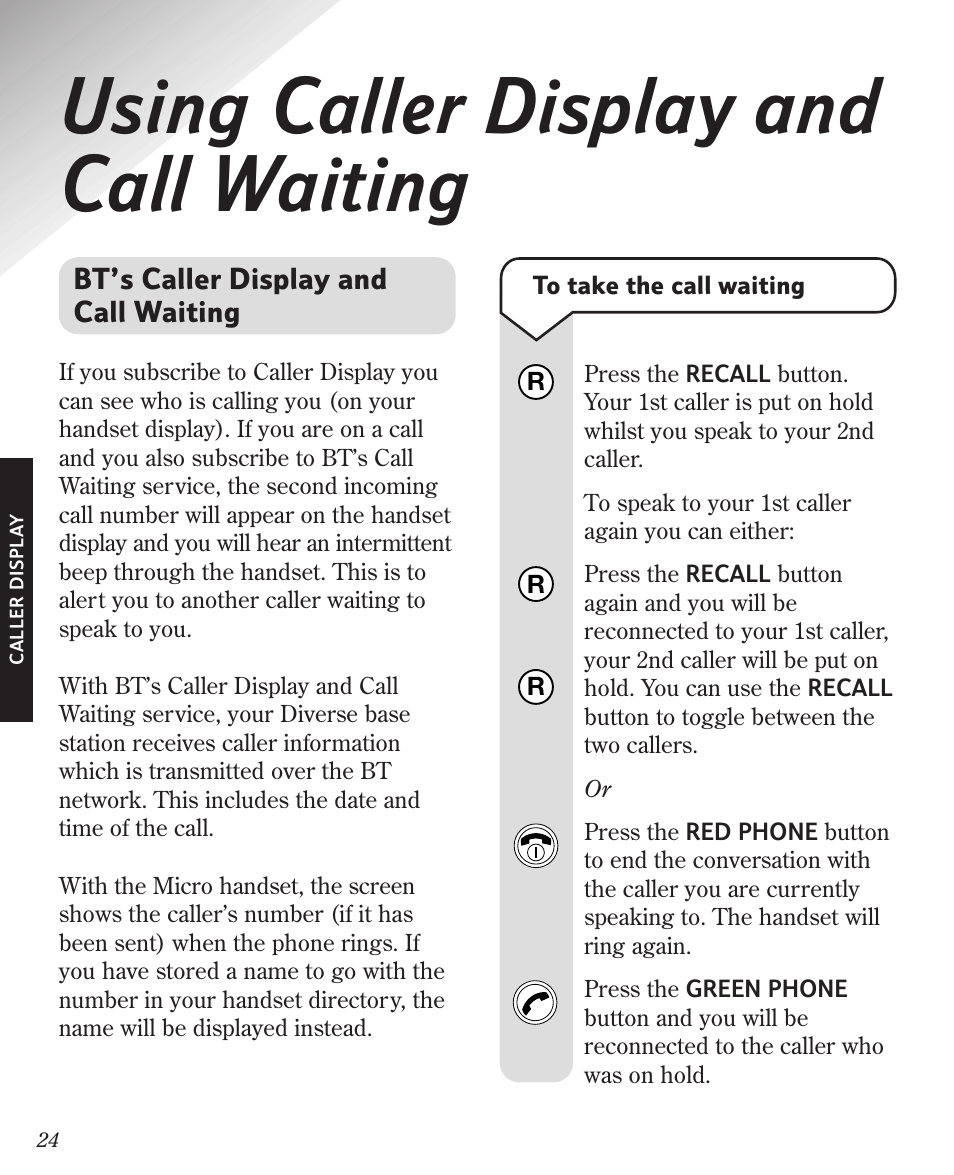Using caller display and call waiting | BT Diverse 3010 User Manual | Page 28 / 67
