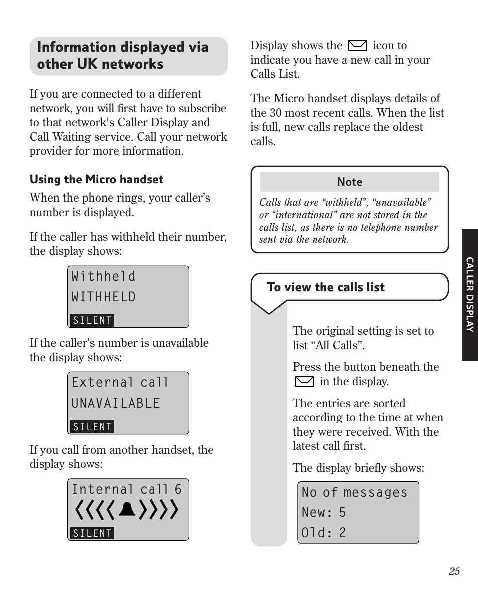 Information displayed via other uk networks, Withheld withheld, External call unavailable | Internal call 6, No of messages new: 5 old: 2 | BT Diverse 3010 User Manual | Page 29 / 67