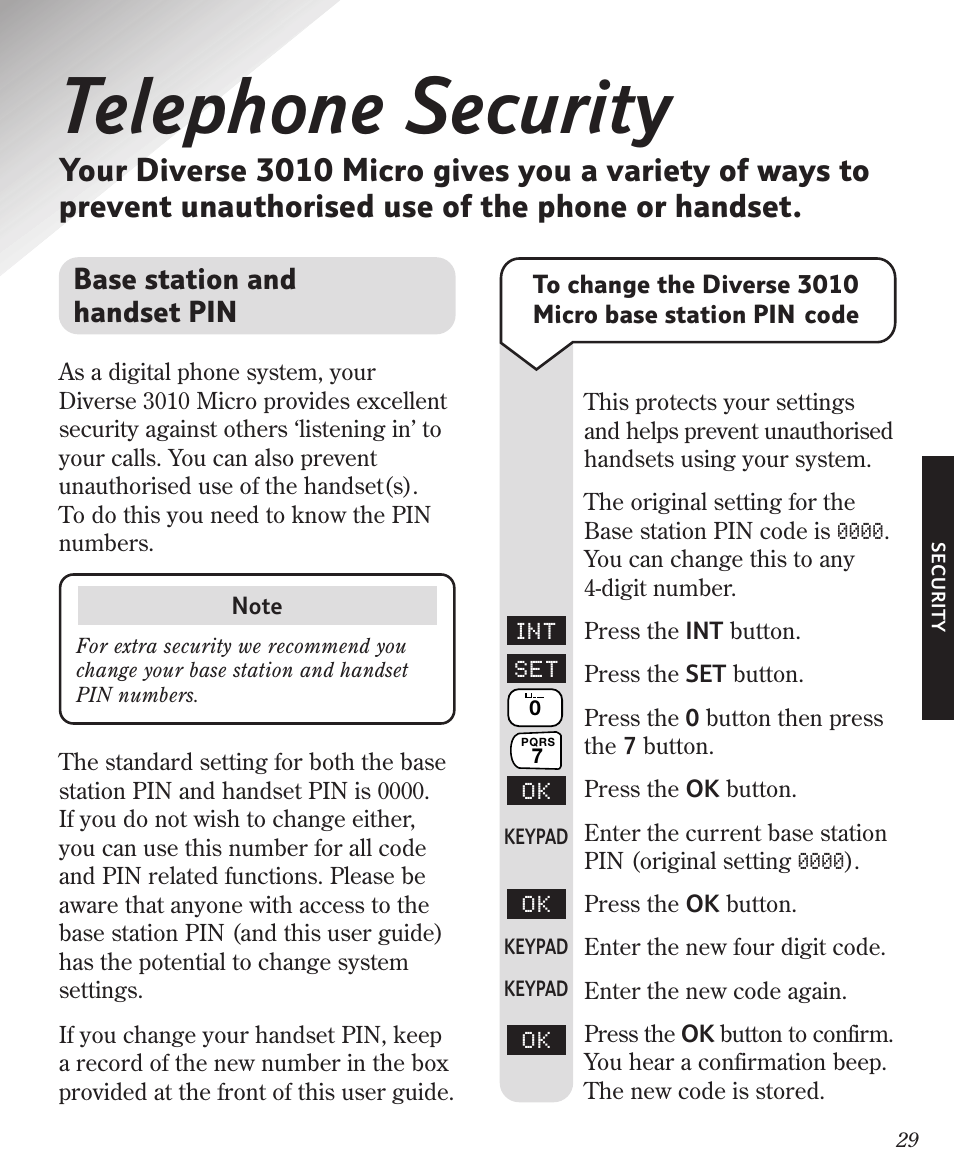 Telephone security, Base station and handset pin | BT Diverse 3010 User Manual | Page 33 / 67