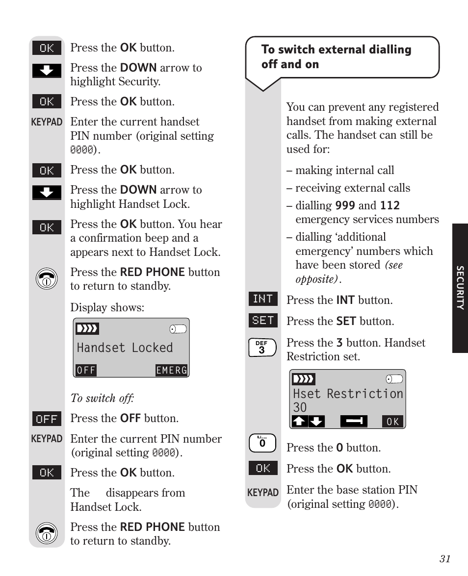 Handset locked, Hset restriction 30 | BT Diverse 3010 User Manual | Page 35 / 67