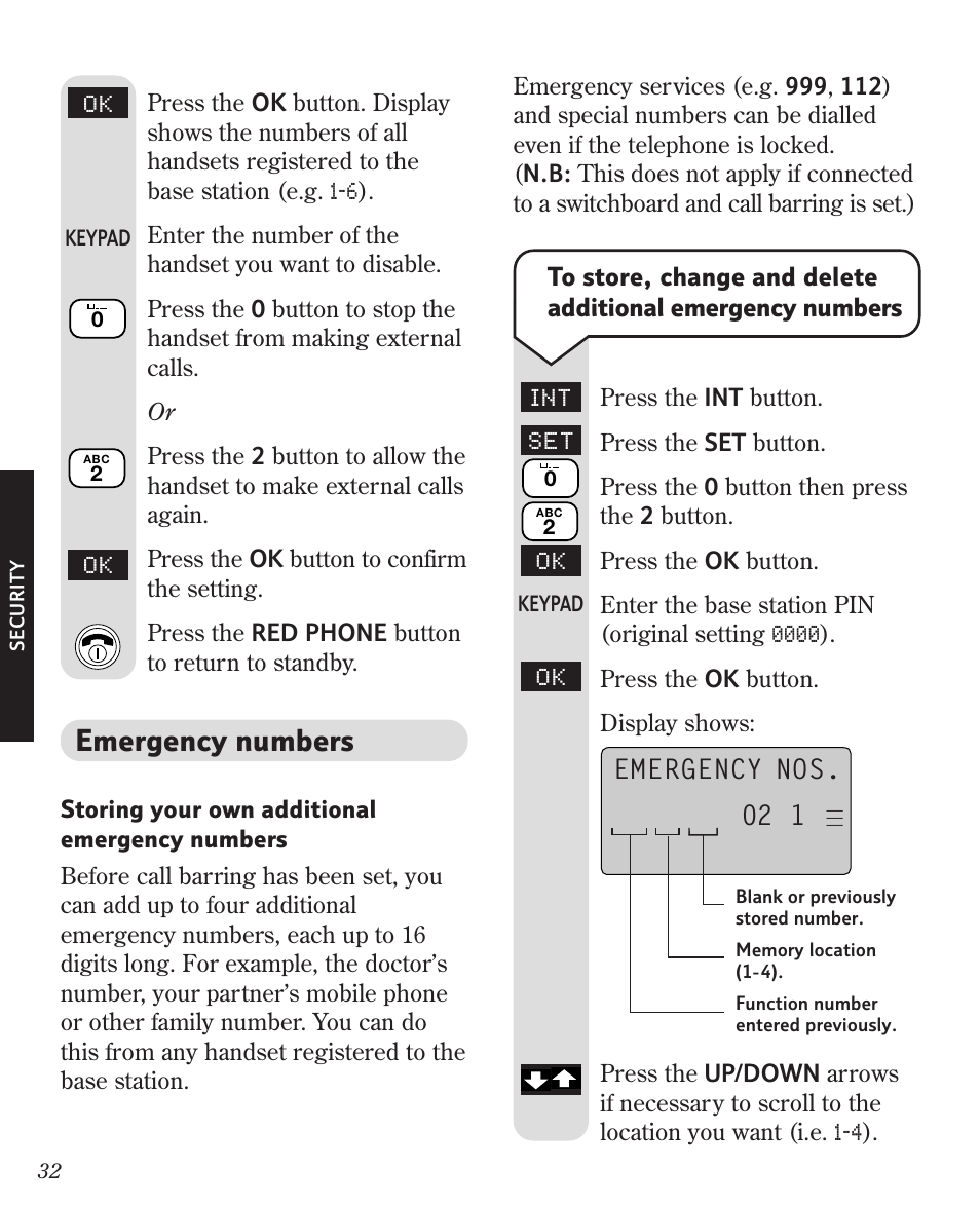 Emergency numbers, Emergency nos. 02 1 | BT Diverse 3010 User Manual | Page 36 / 67