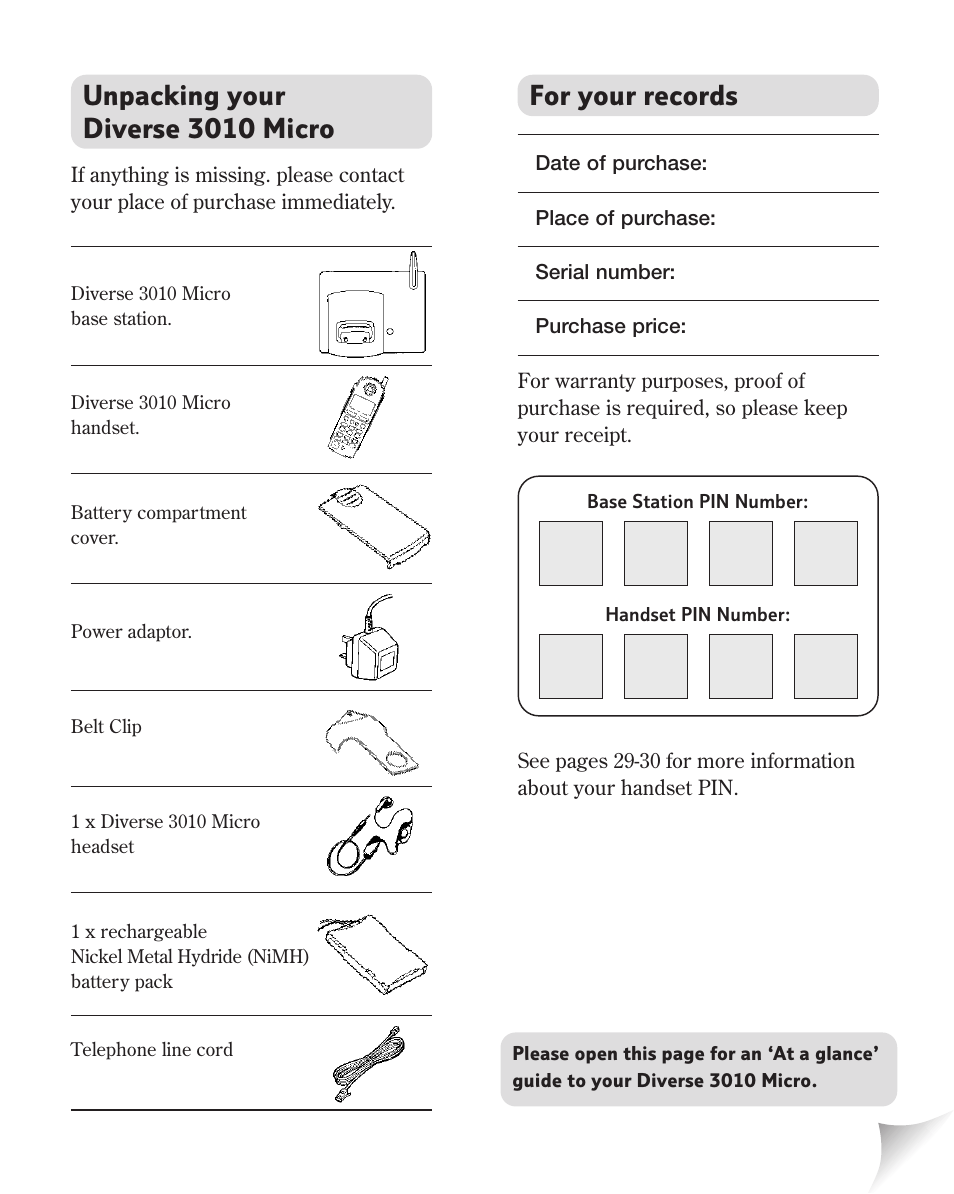 For your records, Unpacking your diverse 3010 micro | BT Diverse 3010 User Manual | Page 4 / 67