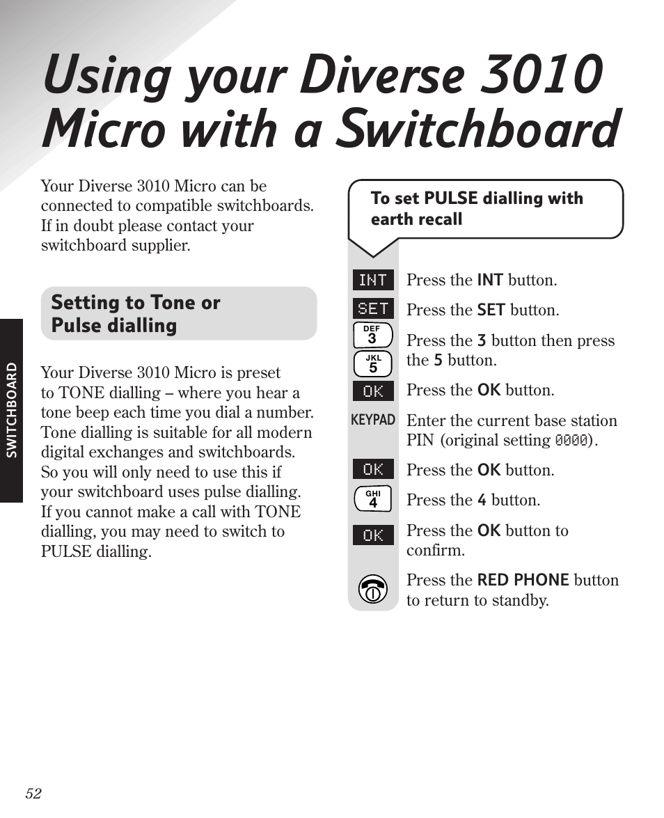 Using your diverse 3010 micro with a switchboard, Setting to tone or pulse dialling | BT Diverse 3010 User Manual | Page 56 / 67