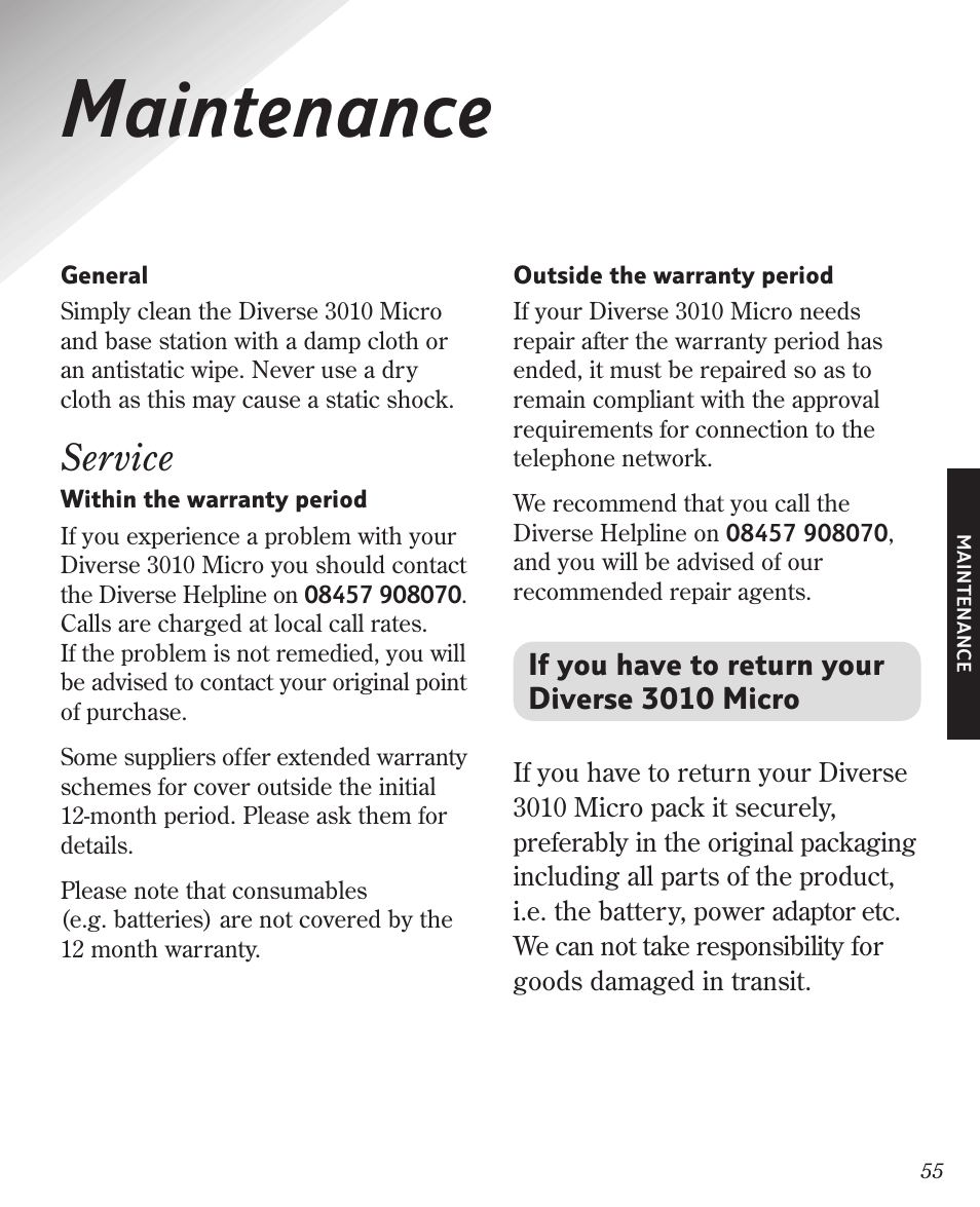 Maintenance, Service | BT Diverse 3010 User Manual | Page 59 / 67