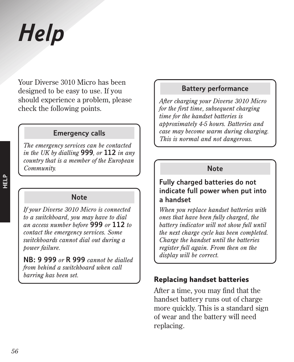 Help | BT Diverse 3010 User Manual | Page 60 / 67