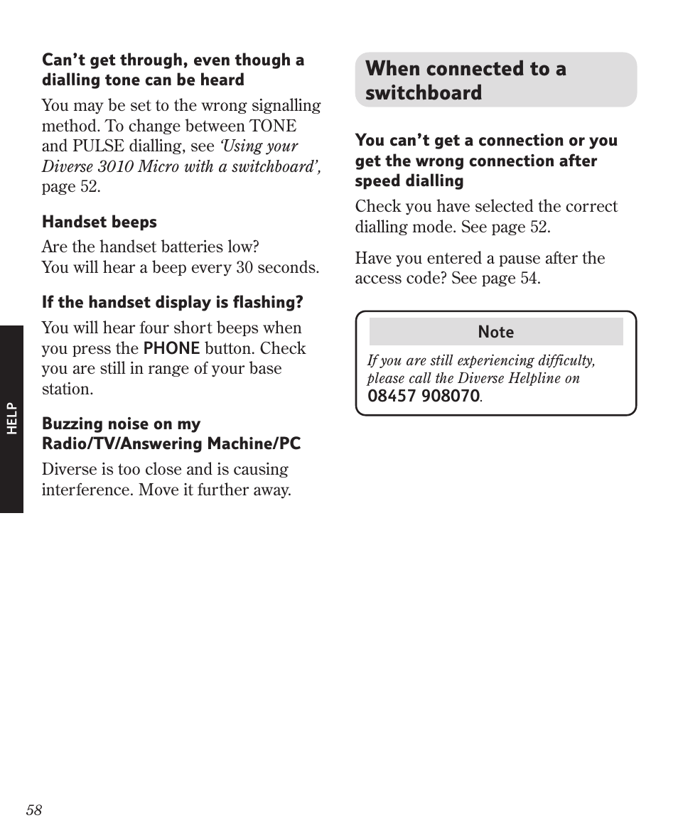 When connected to a switchboard | BT Diverse 3010 User Manual | Page 62 / 67