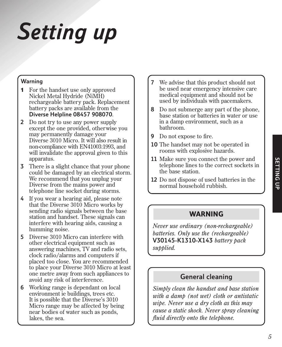 Setting up | BT Diverse 3010 User Manual | Page 9 / 67