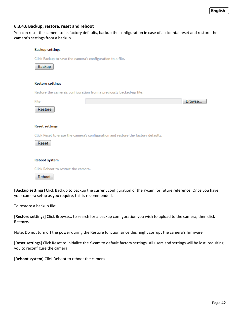 6 backup, restore, reset and reboot, Ackup, Restore | Reset and reboot | Y-cam Bullet HD 1080 (1st Gen) User Manual | Page 42 / 68