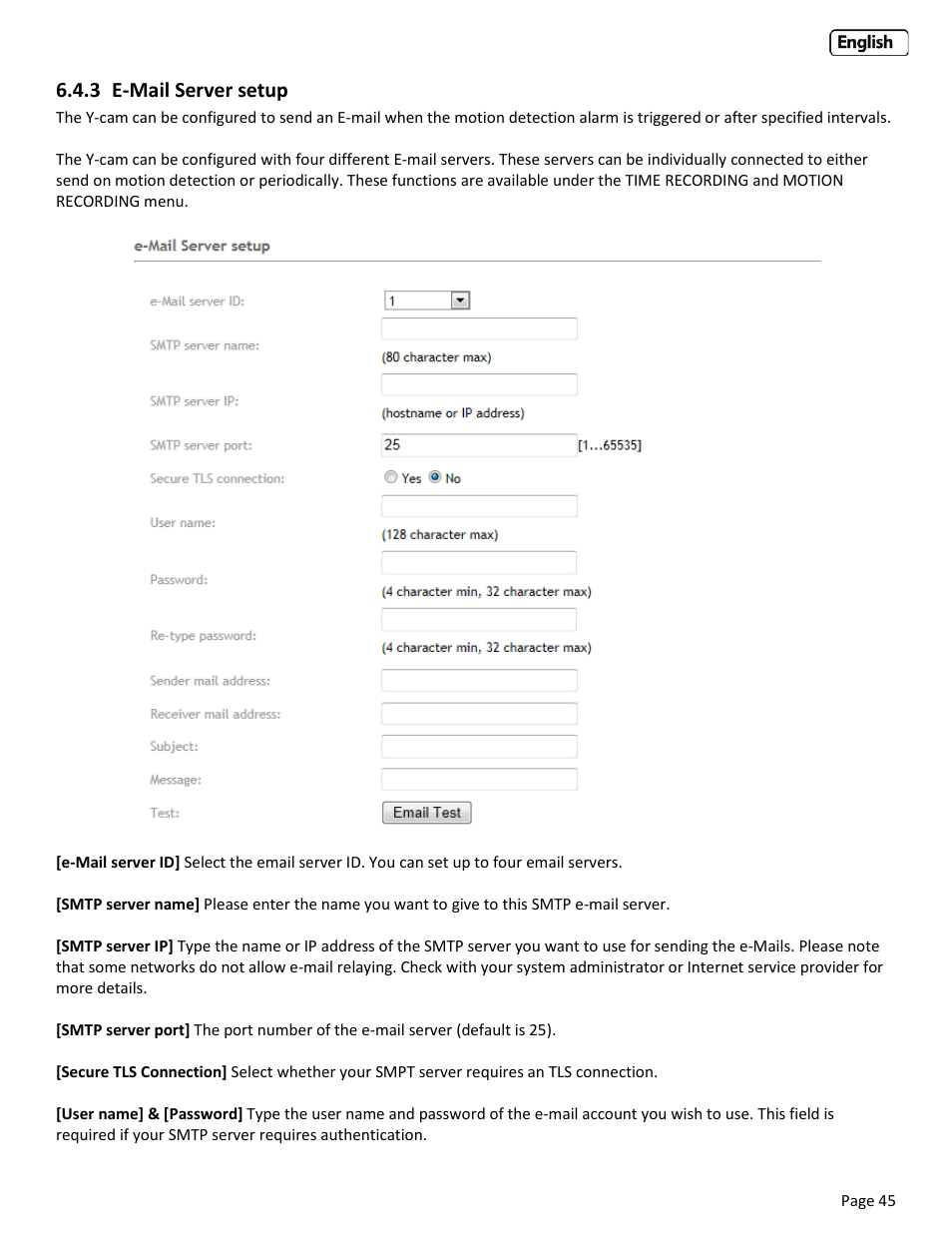 3 e-mail server setup, Erver setup | Y-cam Bullet HD 1080 (1st Gen) User Manual | Page 45 / 68