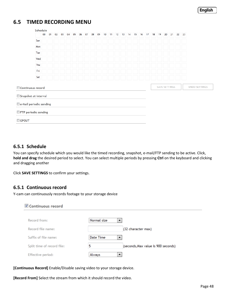 5 timed recording menu, 1 schedule, 1 continuous record | Timed, Recording, Menu, Chedule, Ontinuous record | Y-cam Bullet HD 1080 (1st Gen) User Manual | Page 48 / 68