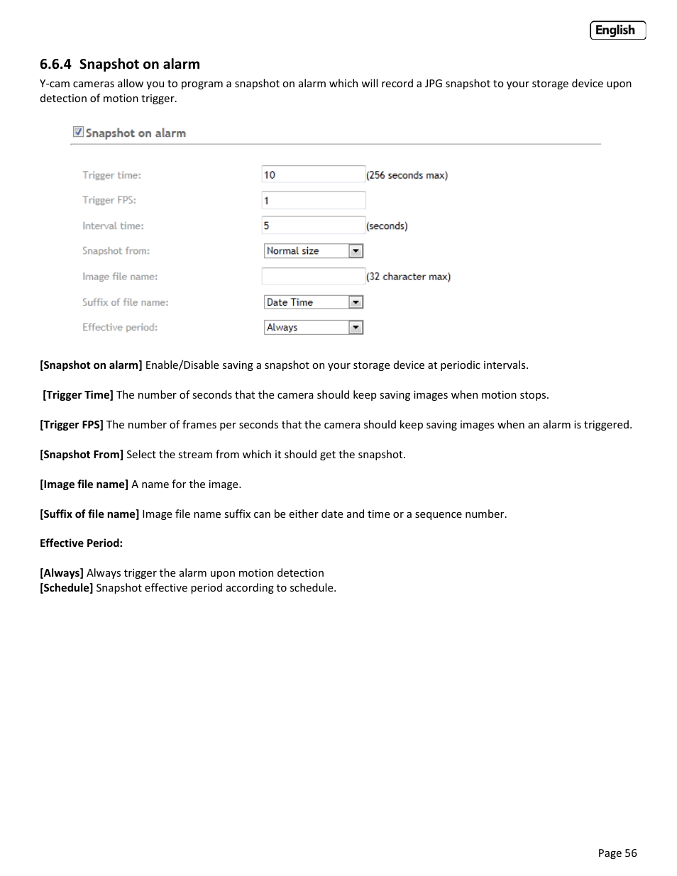 4 snapshot on alarm, Napshot on alarm | Y-cam Bullet HD 1080 (1st Gen) User Manual | Page 56 / 68