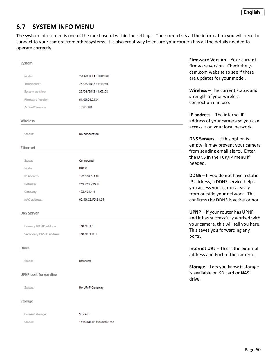 7 system info menu, System, Info | Menu | Y-cam Bullet HD 1080 (1st Gen) User Manual | Page 60 / 68