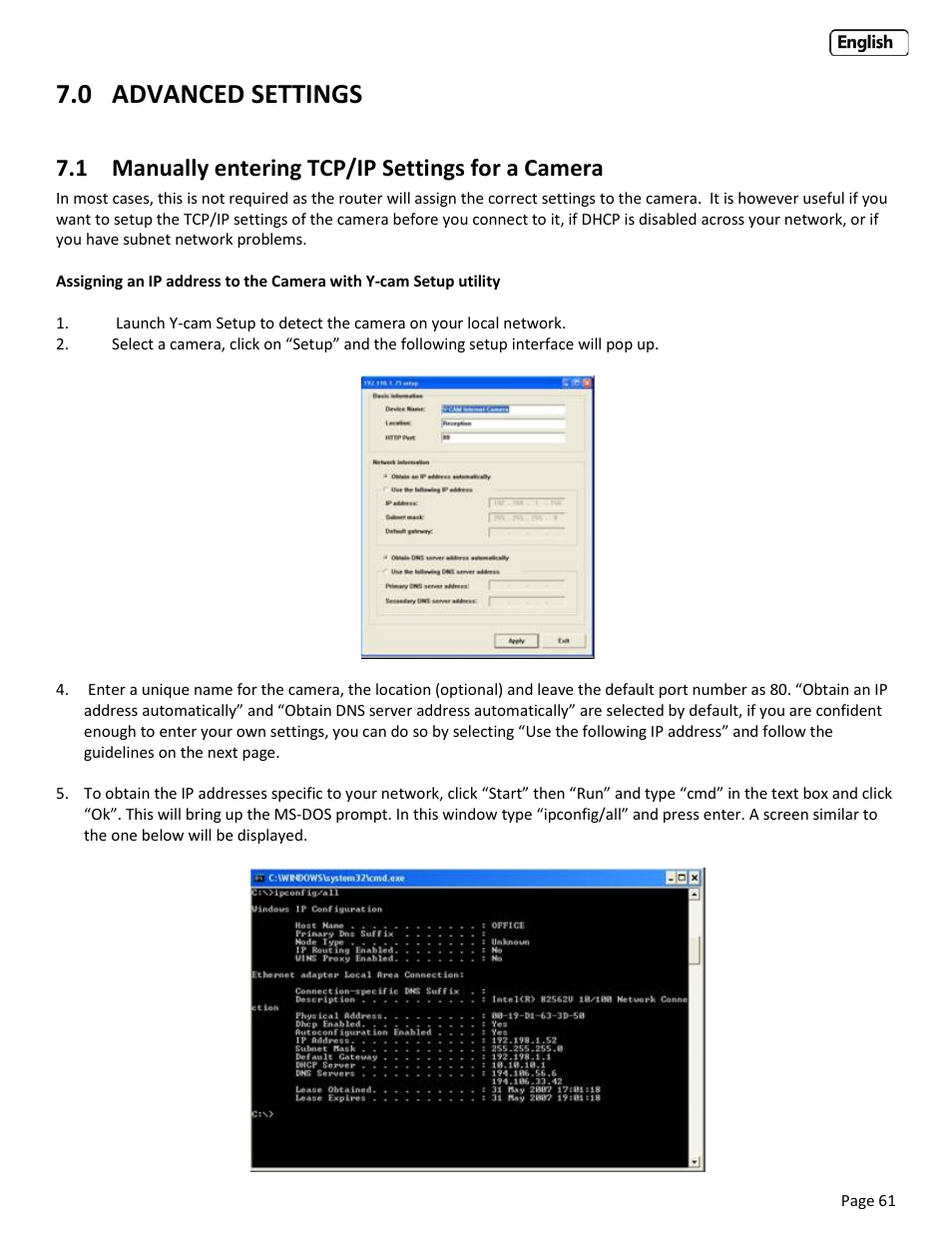 0 advanced settings, 1 manually entering tcp/ip settings for a camera, Advanced settings | Anually entering, Tcp/ip, Ettings for a, Amera | Y-cam Bullet HD 1080 (1st Gen) User Manual | Page 61 / 68