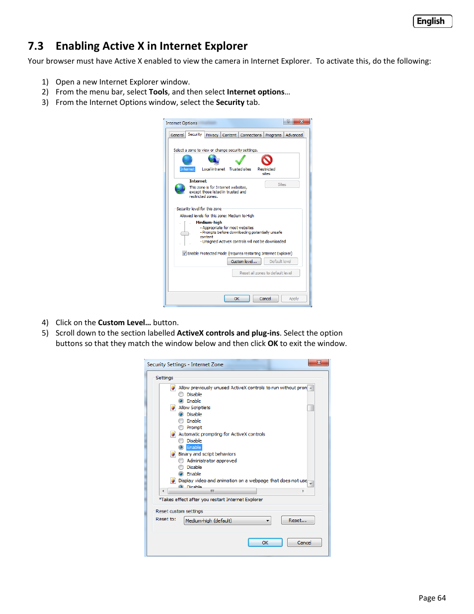 3 enabling active x in internet explorer, Nabling, Ctive | Nternet, Xplorer | Y-cam Bullet HD 1080 (1st Gen) User Manual | Page 64 / 68