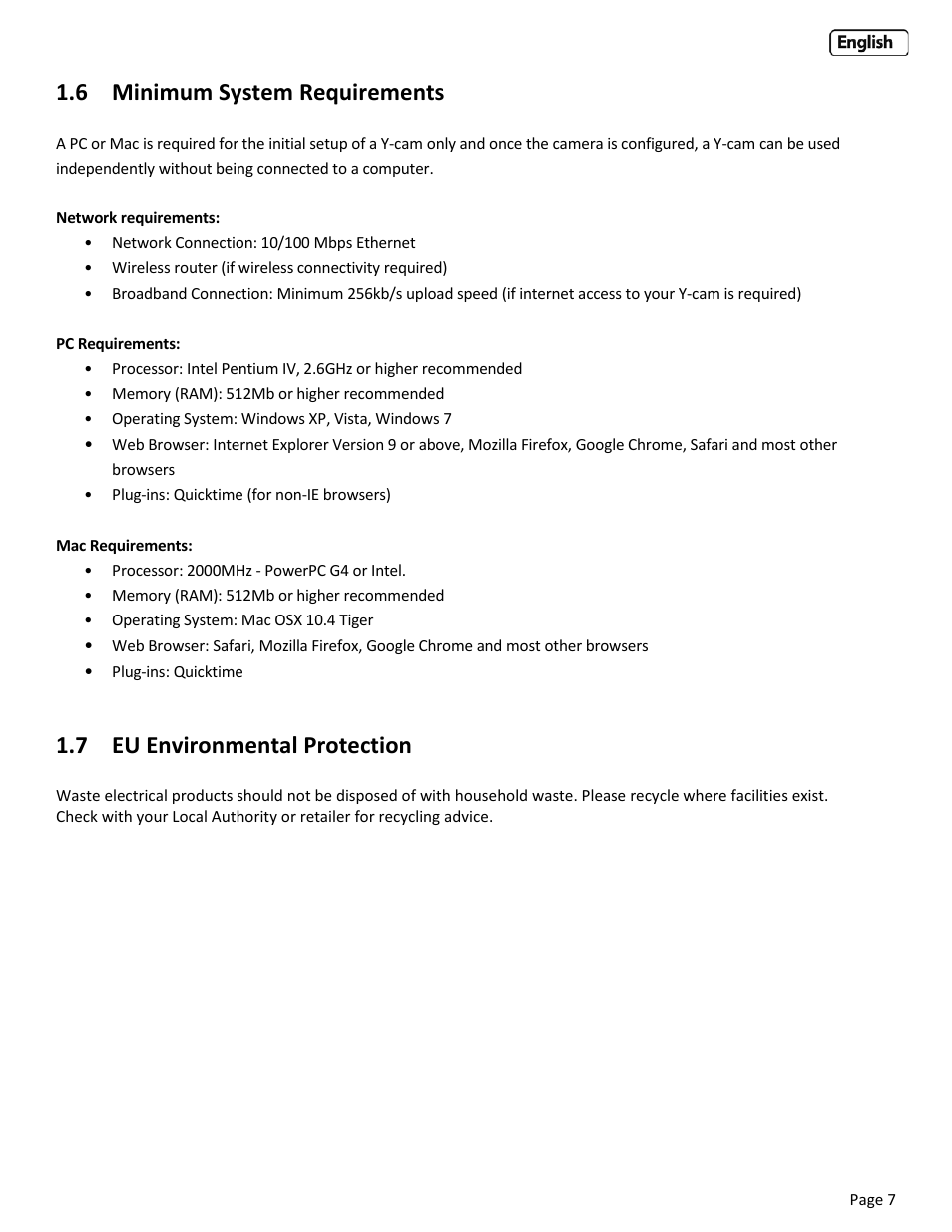 6 minimum system requirements, 7 eu environmental protection, Inimum | Ystem, Equirements, Nvironmental, Rotection | Y-cam Bullet HD 1080 (1st Gen) User Manual | Page 7 / 68