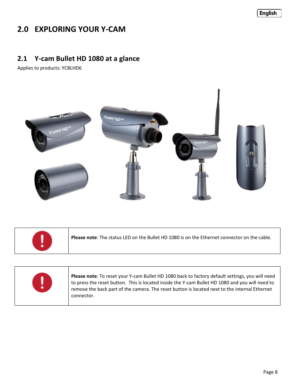 0 exploring your y-cam, 1 y-cam bullet hd 1080 at a glance, Exploring your y-cam | Ullet, At a glance | Y-cam Bullet HD 1080 (1st Gen) User Manual | Page 8 / 68