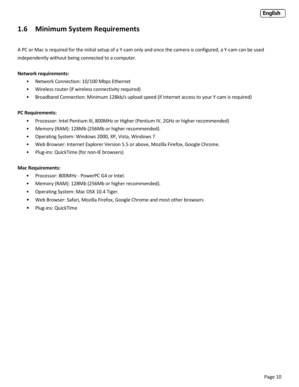 6 minimum system requirements, Inimum, Ystem | Equirements, Nvironmental, Rotection | Y-cam Cube User Manual | Page 10 / 88