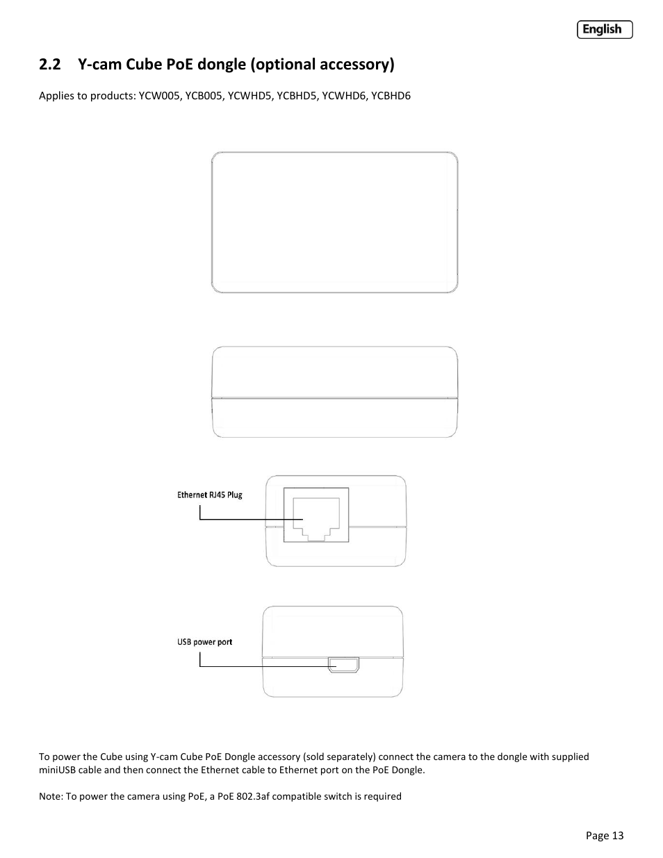 2 y-cam cube poe dongle (optional accessory), Dongle, Optional accessory | Y-cam Cube User Manual | Page 13 / 88