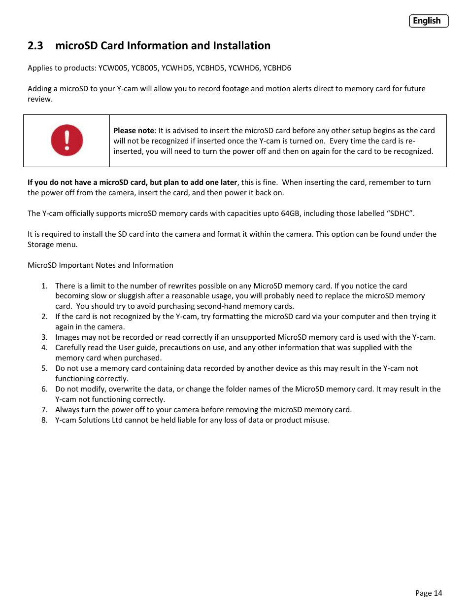 3 microsd card information and installation, Micro, Nformation and | Nstallation | Y-cam Cube User Manual | Page 14 / 88
