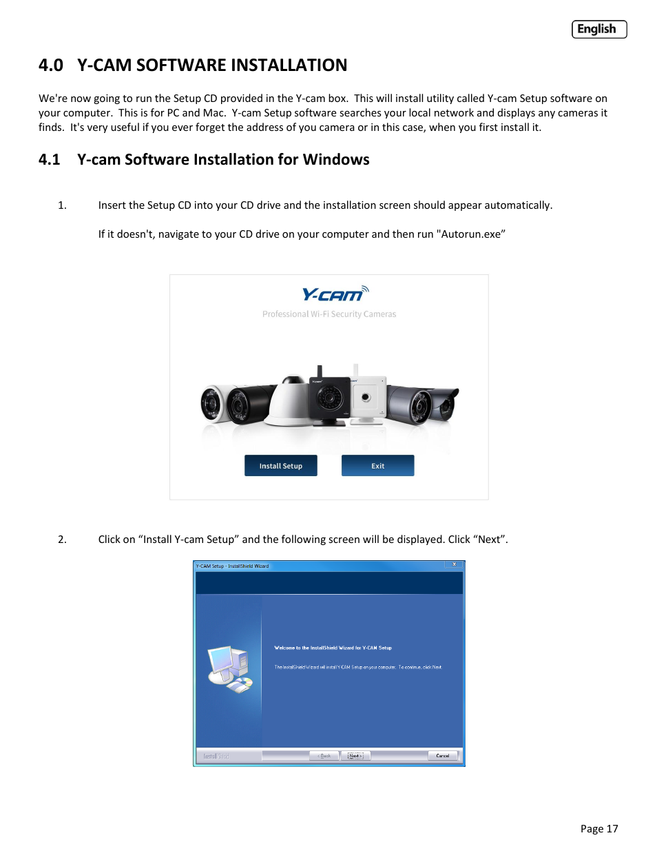0 y-cam software installation, 1 y-cam software installation for windows, Y-cam software installation | Oftware, Nstallation for, Indows | Y-cam Cube User Manual | Page 17 / 88