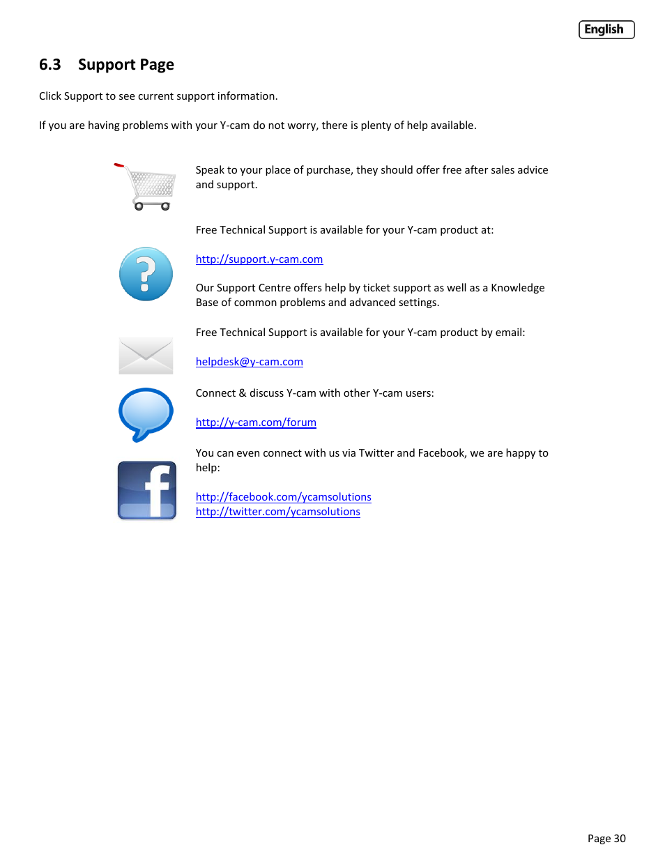 Upport, 3 support page | Y-cam Cube User Manual | Page 30 / 88