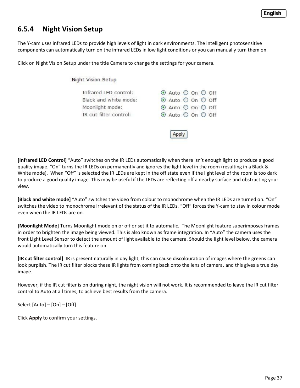4 night vision setup, Ight, Ision | Etup | Y-cam Cube User Manual | Page 37 / 88