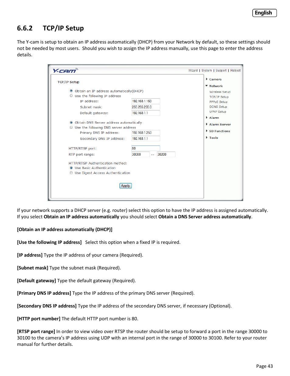 2 tcp/ip setup, Tcp/ip, Etup | Y-cam Cube User Manual | Page 43 / 88