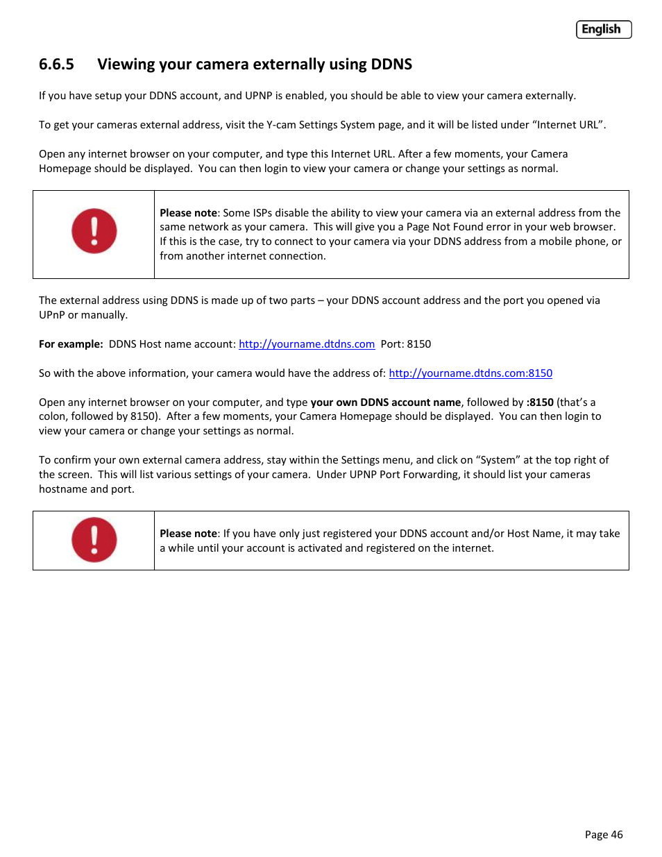 5 viewing your camera externally using ddns, Iewing your camera externally using, Ddns | Iewing your camera externally using a static | Y-cam Cube User Manual | Page 46 / 88