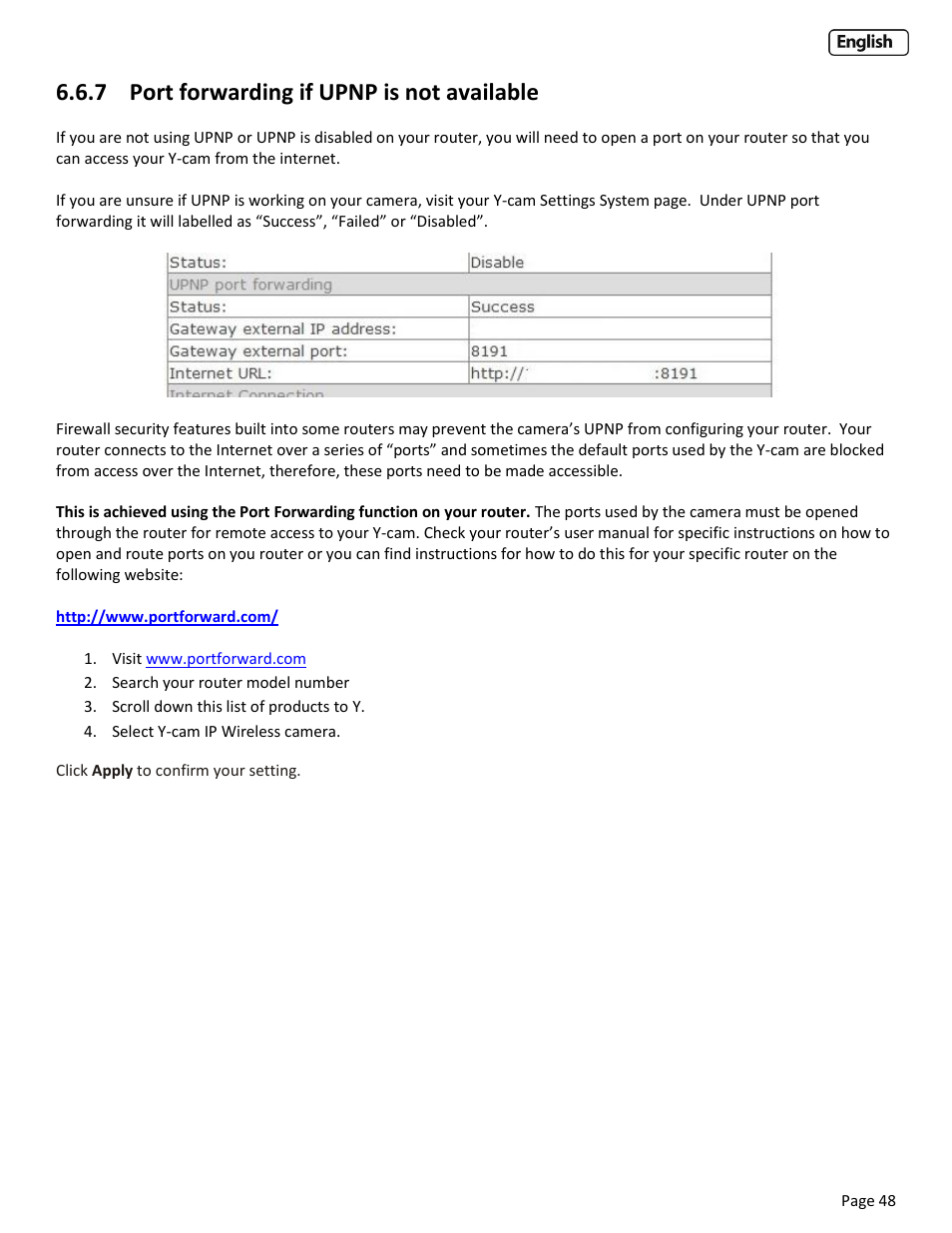 7 port forwarding if upnp is not available, Ort forwarding if, Upnp | Is not available | Y-cam Cube User Manual | Page 48 / 88
