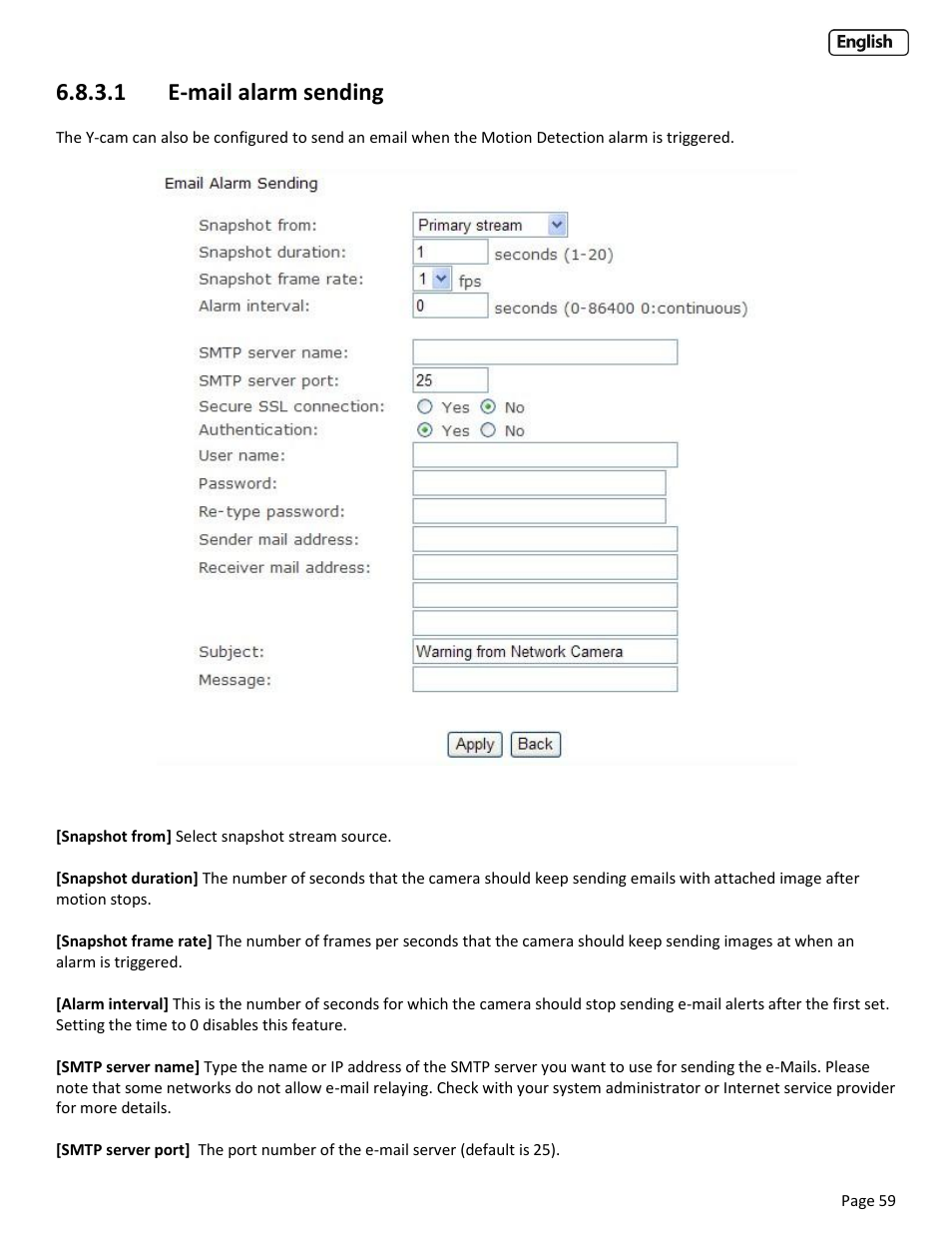 1 e-mail alarm sending, Mail alarm sending | Y-cam Cube User Manual | Page 59 / 88