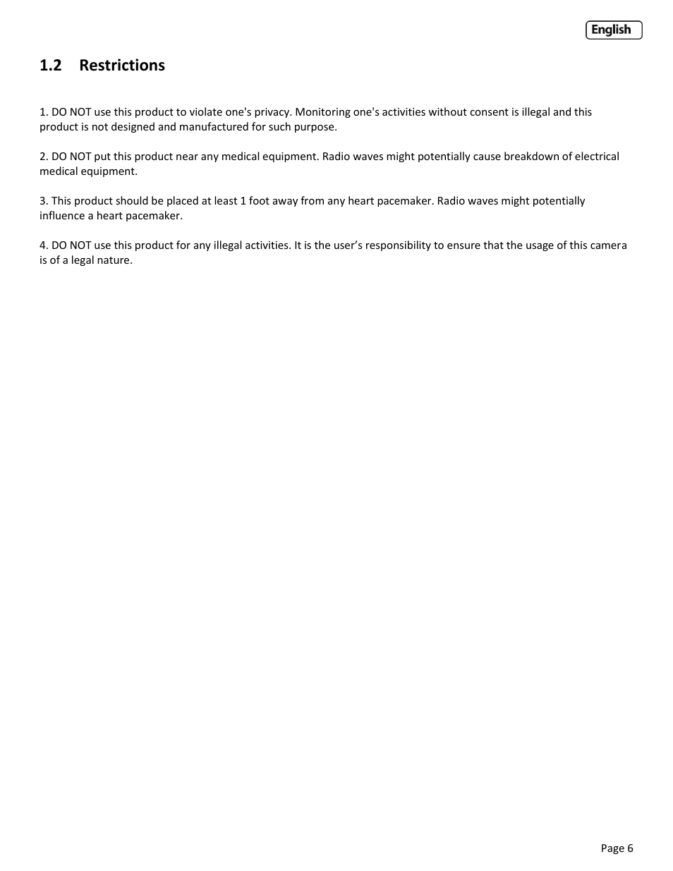 2 restrictions, Ower, Upply | Aintence | Y-cam Cube User Manual | Page 6 / 88