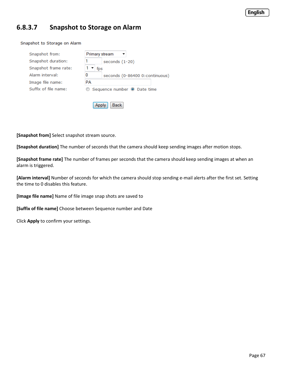 7 snapshot to storage on alarm, Napshot to, Torage | Eriodically | Y-cam Cube User Manual | Page 67 / 88