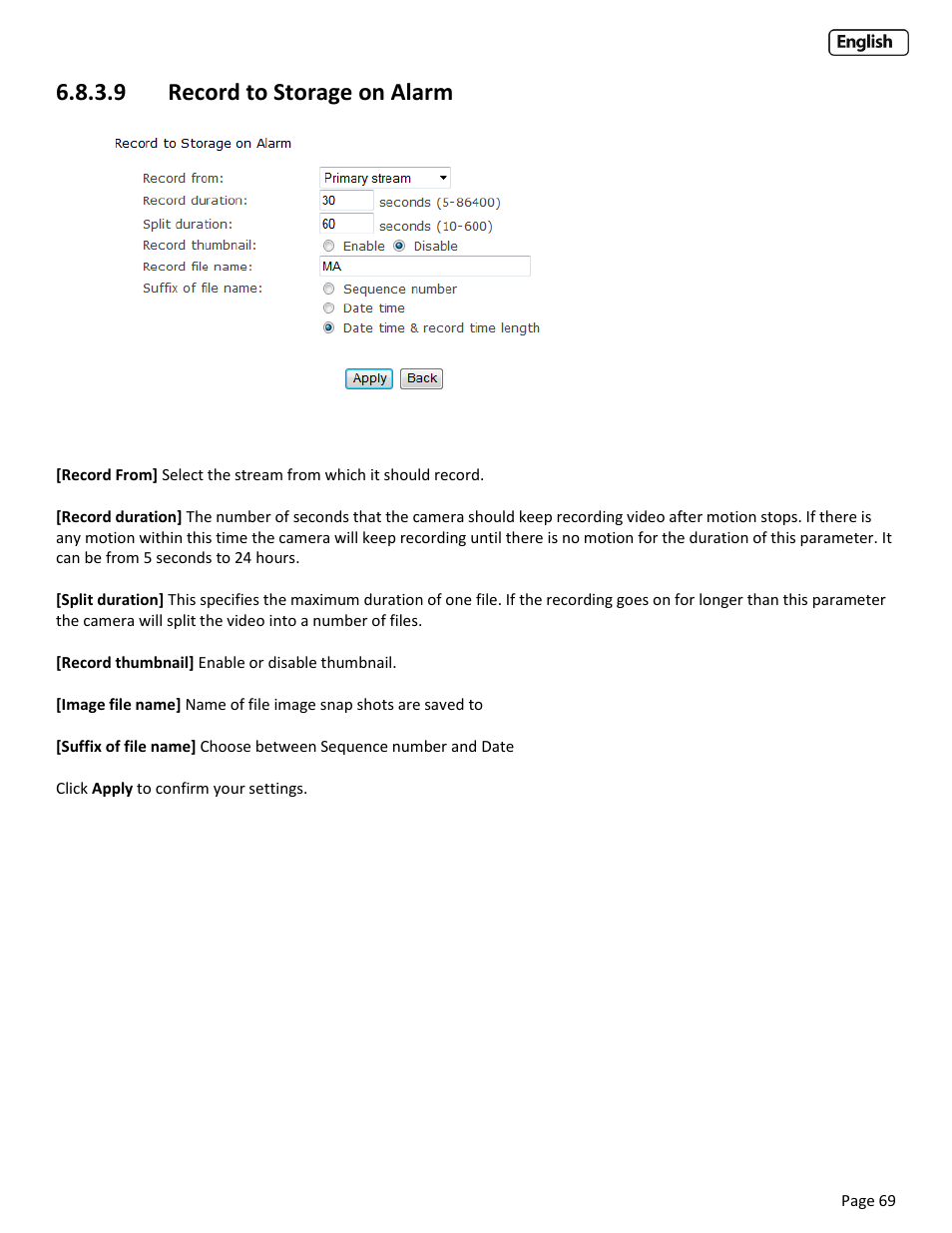 9 record to storage on alarm, 10 r, Ecord to | Torage, Ontinuously | Y-cam Cube User Manual | Page 69 / 88