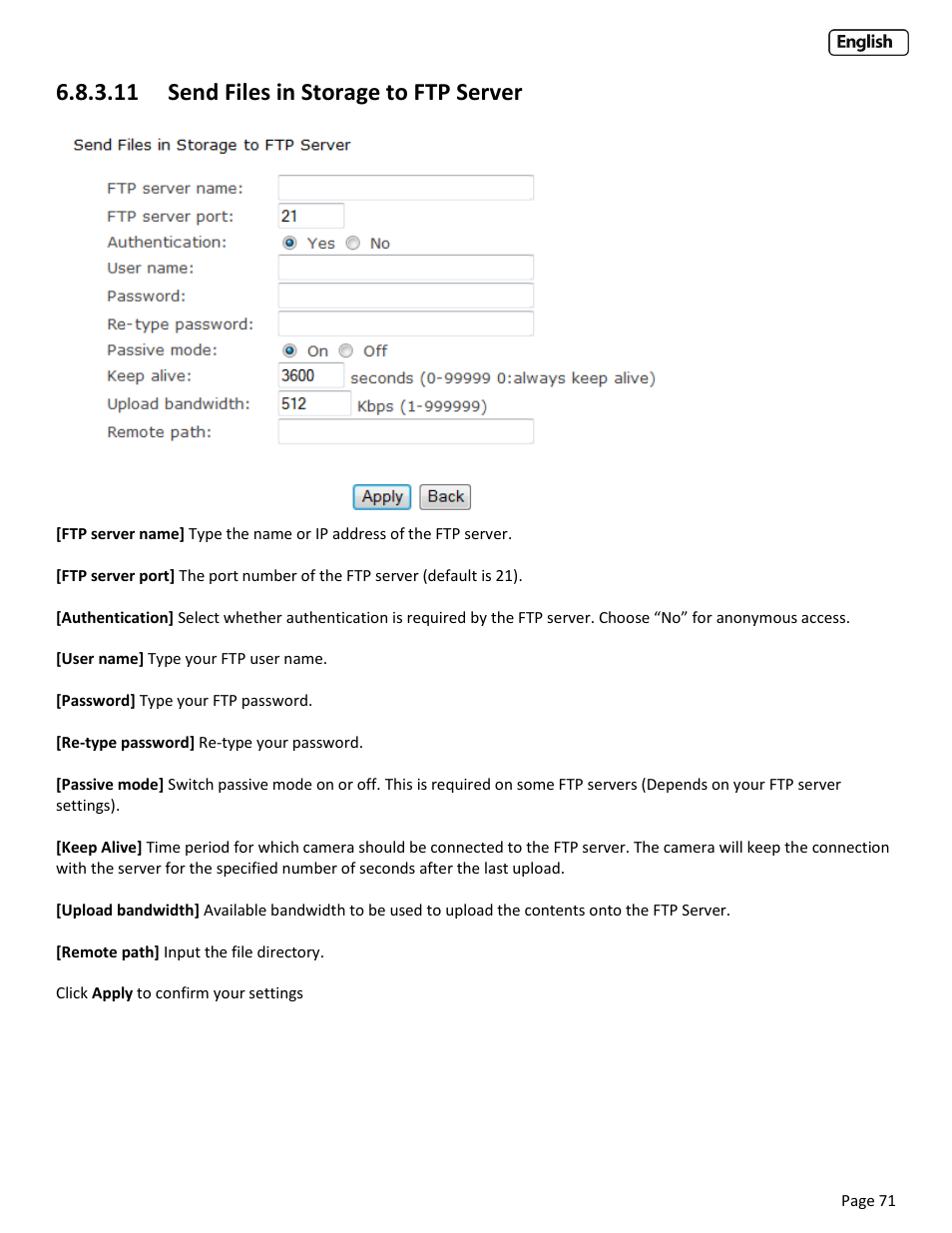 11 send files in storage to ftp server | Y-cam Cube User Manual | Page 71 / 88