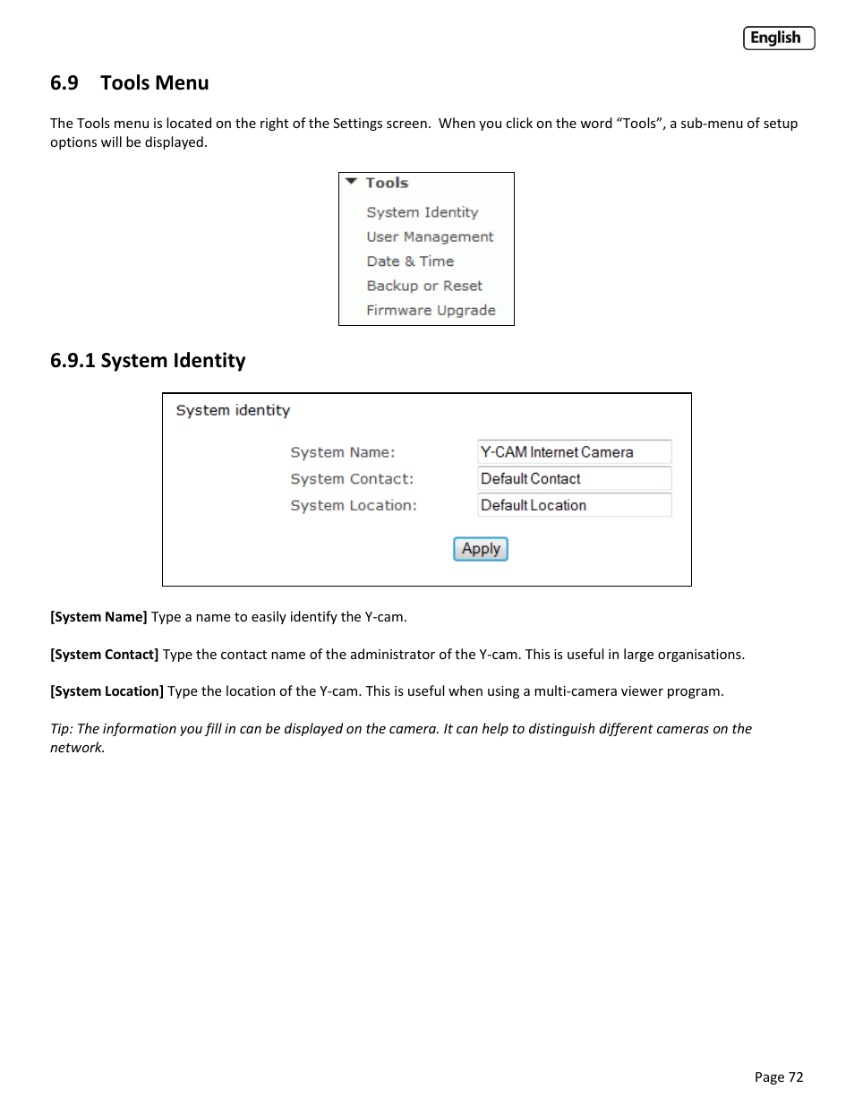 9 tools menu, 1 system identity, Ools | Ystem, Dentity | Y-cam Cube User Manual | Page 72 / 88