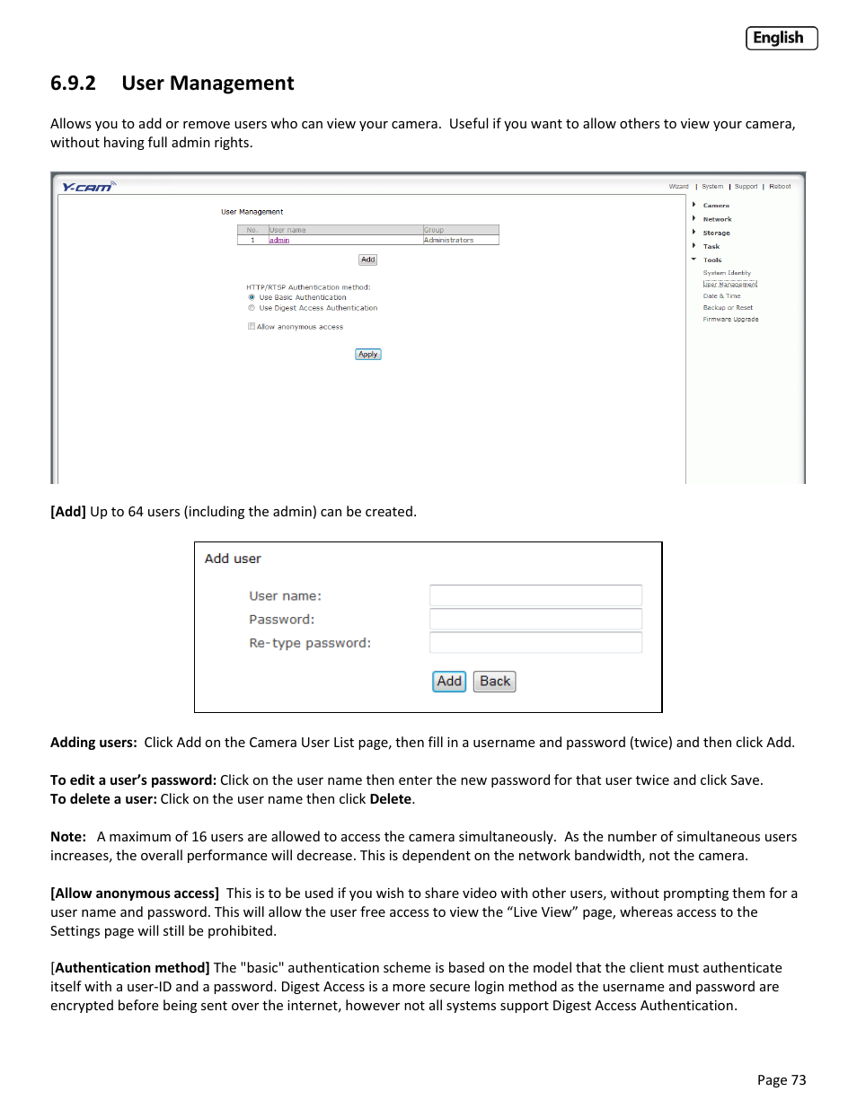2 user management, Anagement | Y-cam Cube User Manual | Page 73 / 88