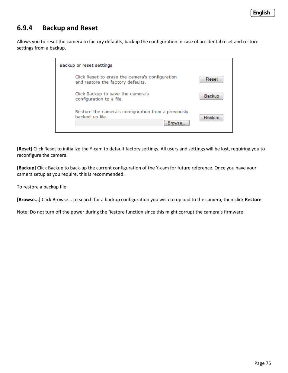 4 backup and reset, Ackup and, Eset | Y-cam Cube User Manual | Page 75 / 88