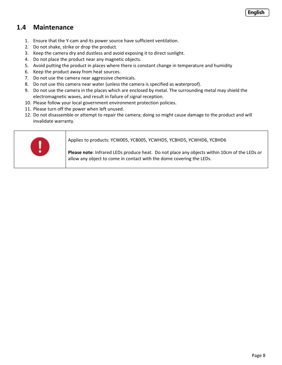 4 maintenance | Y-cam Cube User Manual | Page 8 / 88