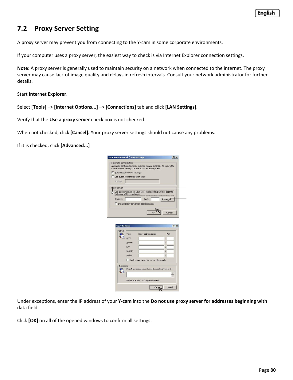 2 proxy server setting, Roxy, Erver | Etting | Y-cam Cube User Manual | Page 80 / 88