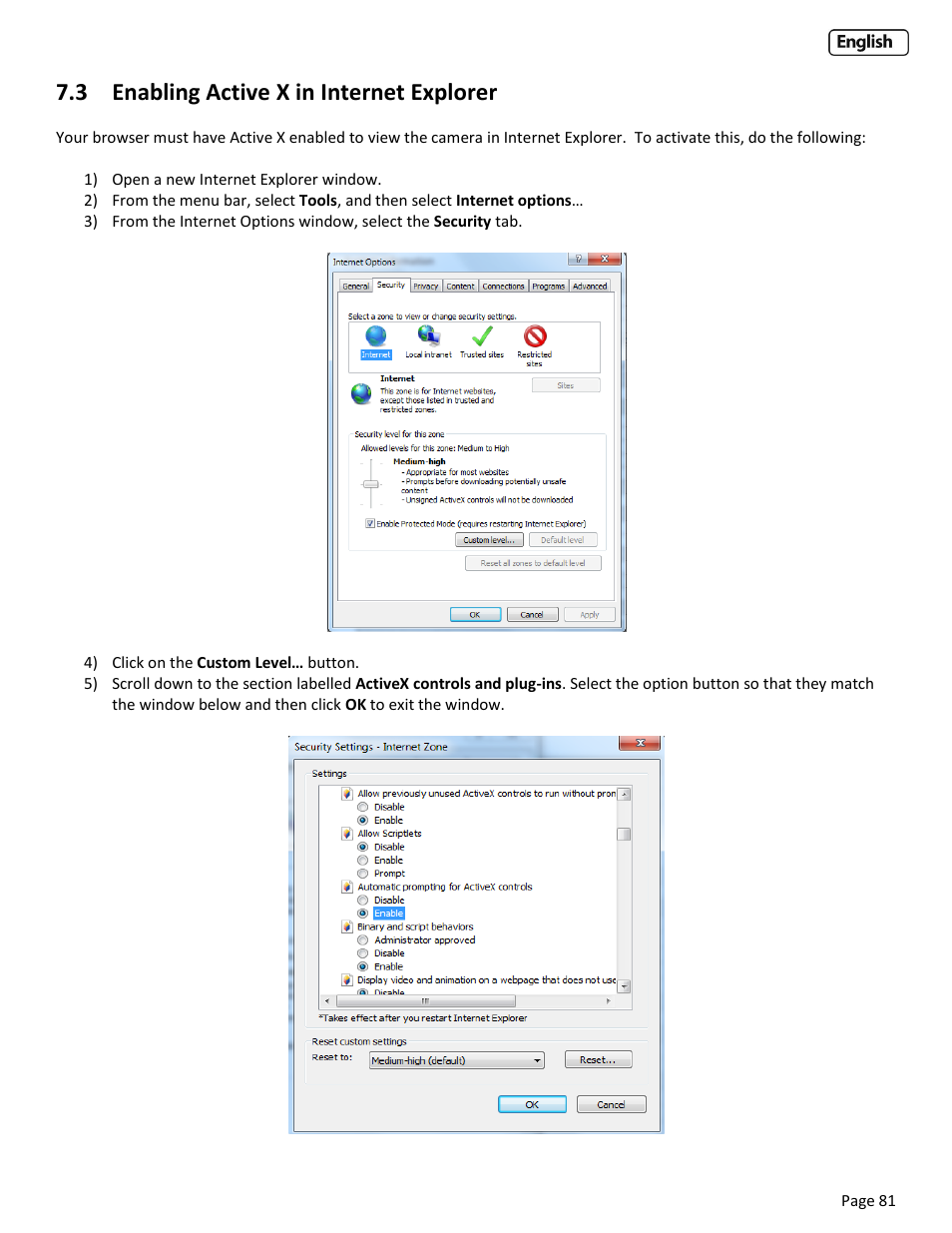 3 enabling active x in internet explorer, Nabling, Ctive | Nternet, Xplorer | Y-cam Cube User Manual | Page 81 / 88