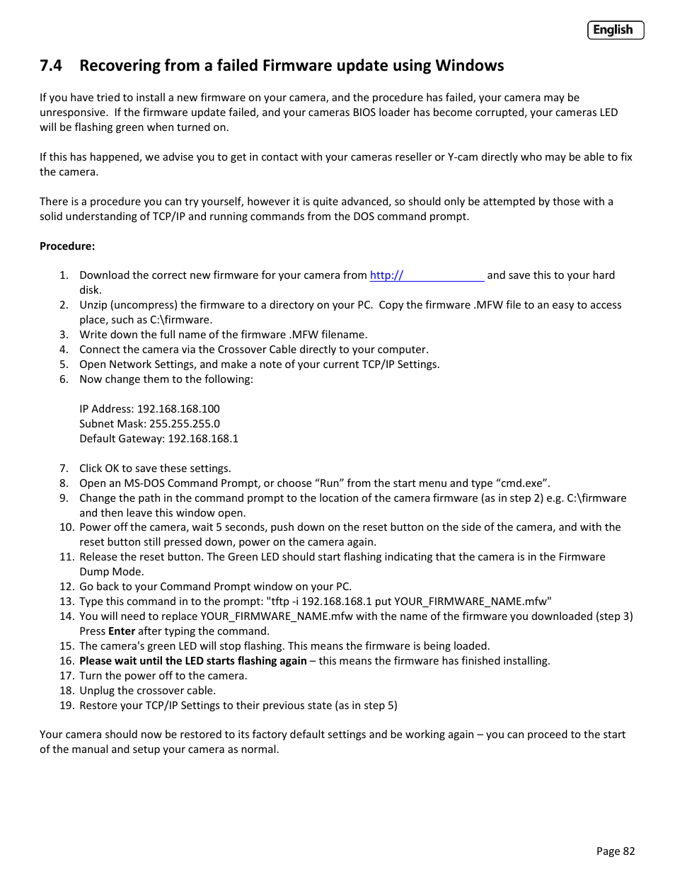 Ecovering from a failed, Irmware update using, Indows | Y-cam Cube User Manual | Page 82 / 88