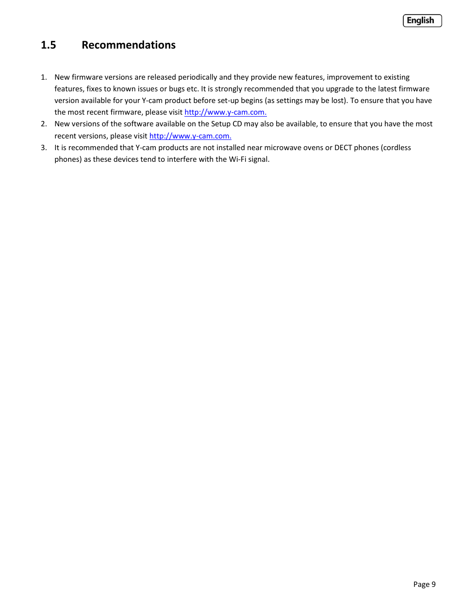 5 recommendations, Ecommendations | Y-cam Cube User Manual | Page 9 / 88