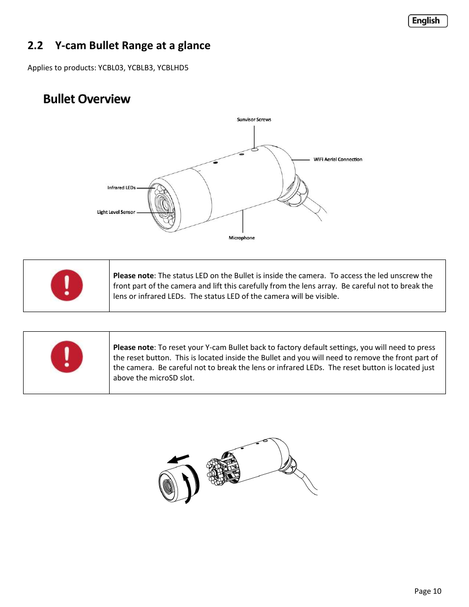 2 y-cam bullet range at a glance, Ullet, Ange at a glance | Y-cam EyeBall Range User Manual | Page 10 / 88
