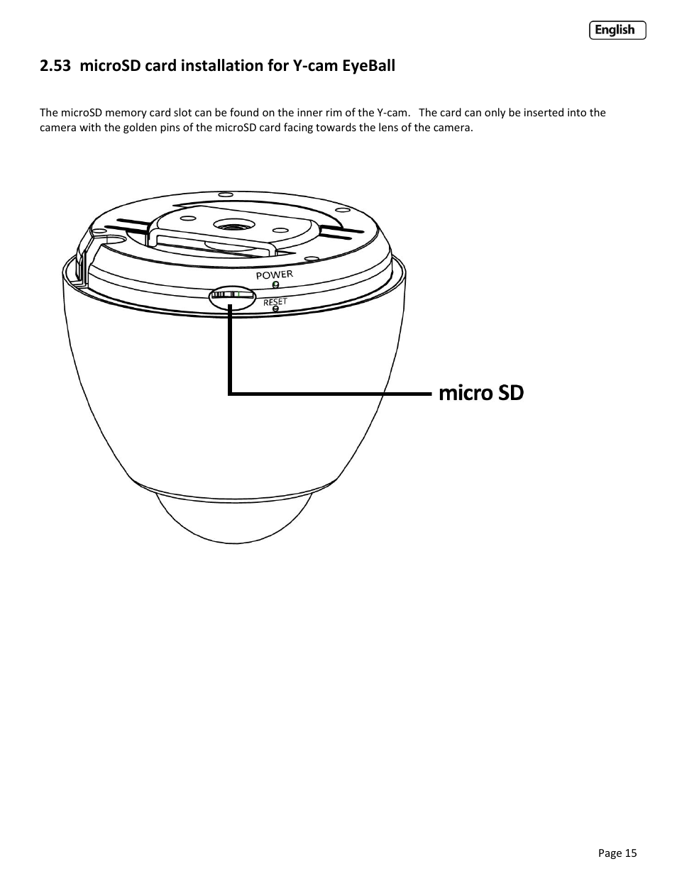 53 microsd card installation for y-cam eyeball, Micro, Card installation for | Y-cam EyeBall Range User Manual | Page 15 / 88