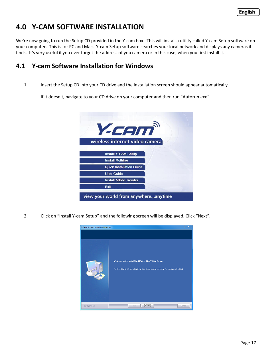 0 y-cam software installation, 1 y-cam software installation for windows, Y-cam software installation | Oftware, Nstallation for, Indows | Y-cam EyeBall Range User Manual | Page 17 / 88