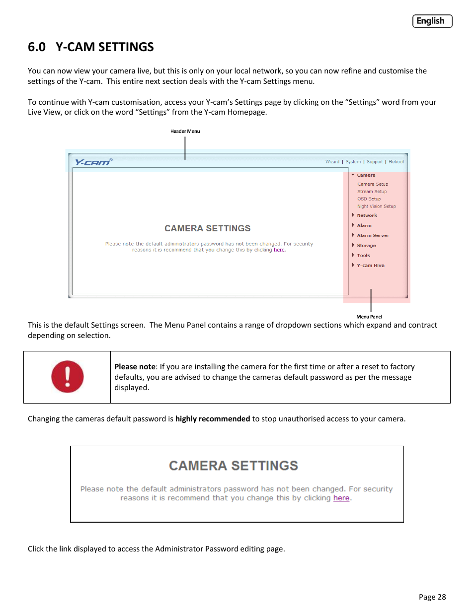 0 y-cam settings, Y-cam settings | Y-cam EyeBall Range User Manual | Page 28 / 88
