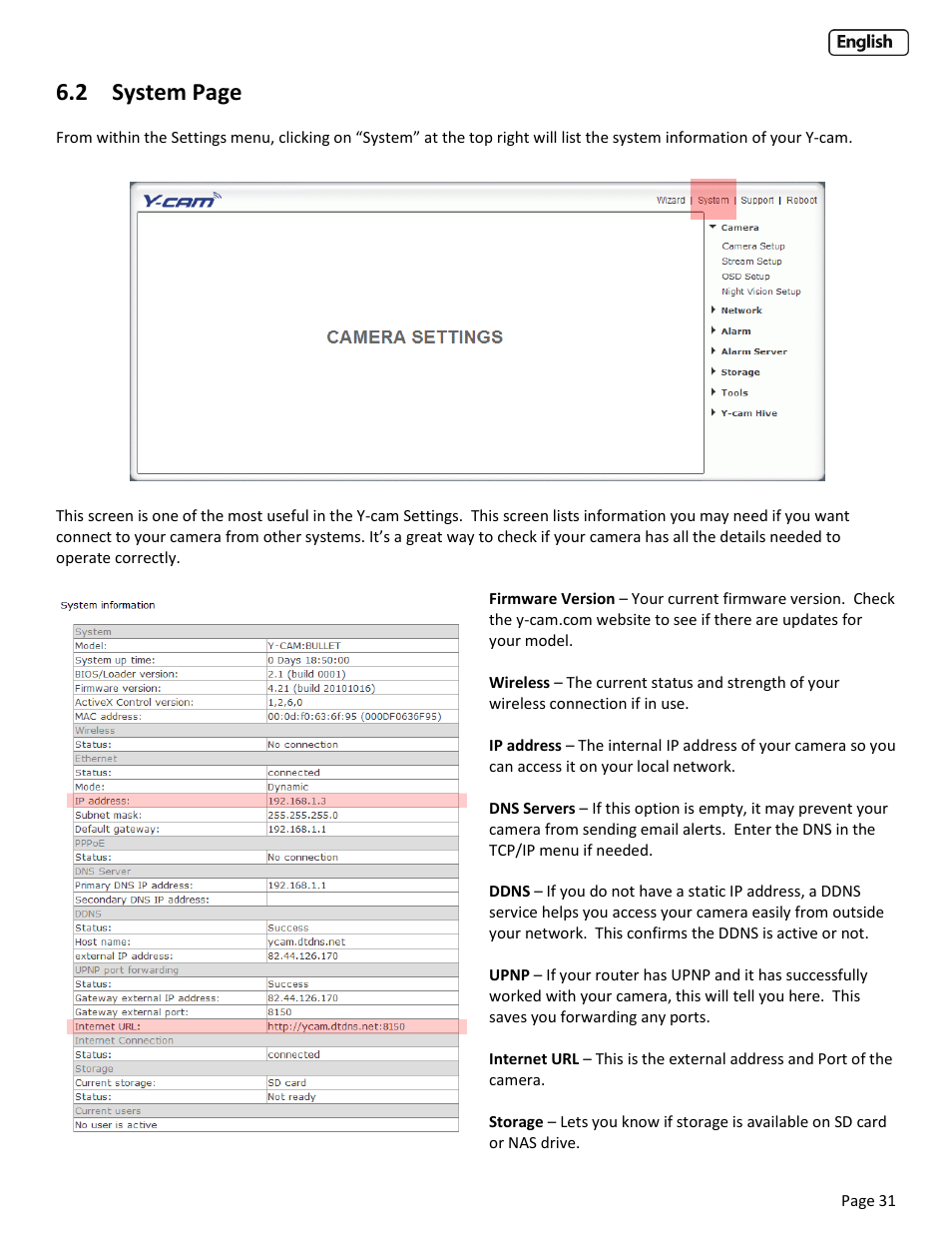 Ystem, 2 system page | Y-cam EyeBall Range User Manual | Page 31 / 88