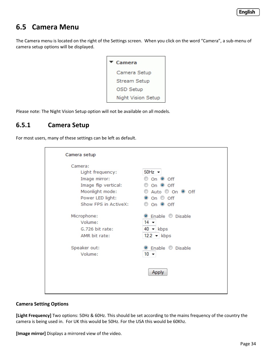 5 camera menu, 1 camera setup, Amera | Etup | Y-cam EyeBall Range User Manual | Page 34 / 88
