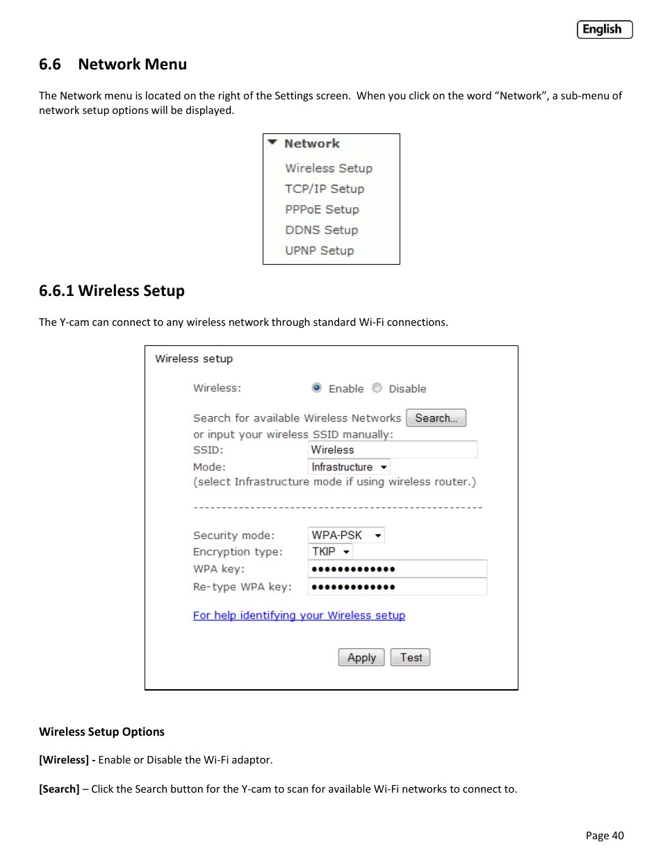 6 network menu, 1 wireless setup, Etwork | Ireless, Etup | Y-cam EyeBall Range User Manual | Page 40 / 88