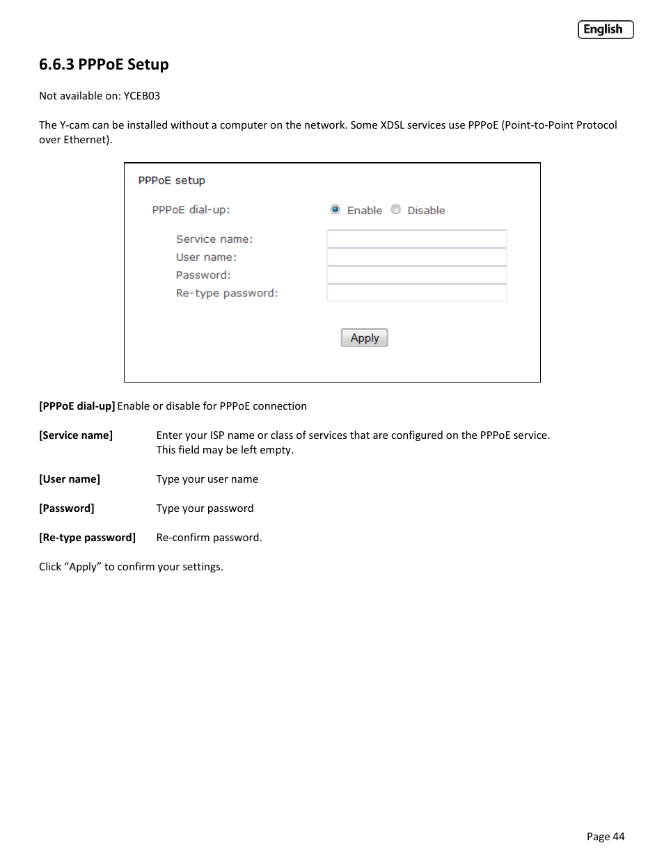 3 pppoe setup, Etup | Y-cam EyeBall Range User Manual | Page 44 / 88